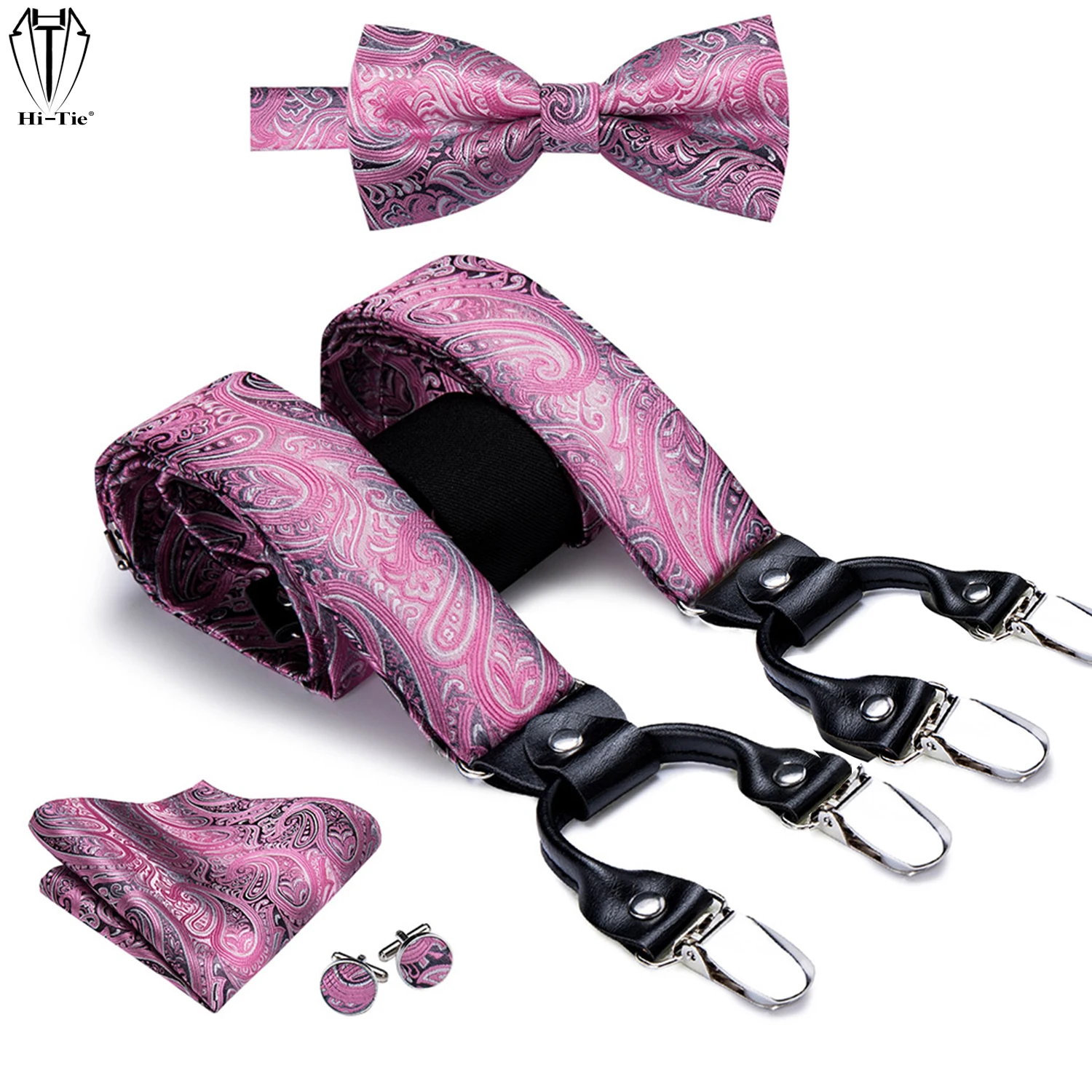Sang Trọng 100% Lụa Nam Treo Áo Bộ 6 Kẹp Vintage Nẹp Nam Hồng Tím Họa Tiết Paisley Hoa Suspender Thắt Nơ Hanky dây