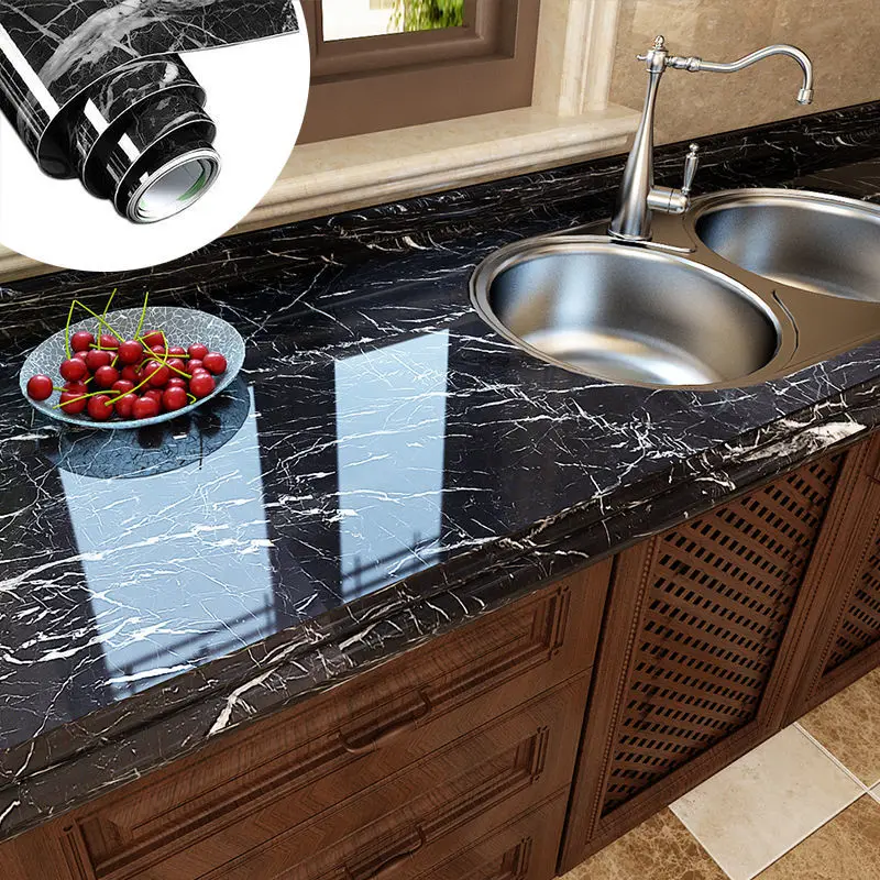 PVC Self Adhesive โมเดิร์นกันน้ำหินอ่อนวอลเปเปอร์ DIY กระดาษสติ๊กเกอร์ติดผนังห้องน้ำ Countertops ห้องครัวบ้าน Decors