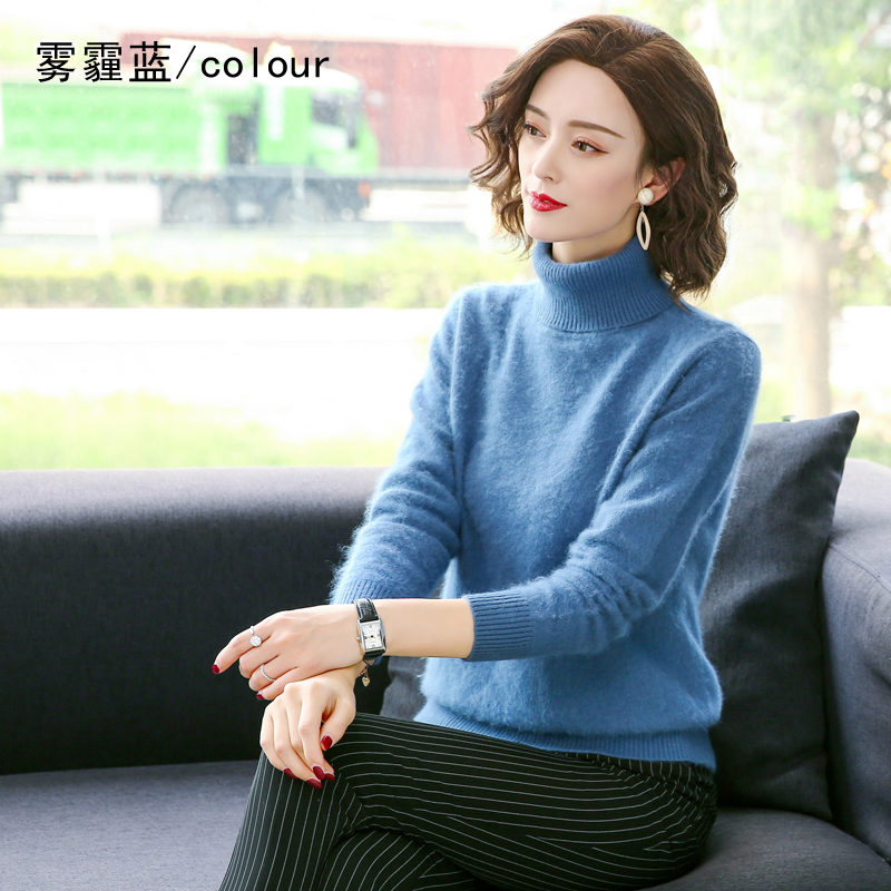 Otoño Invierno 100% suéter de cachemira de visón mujeres prendas de punto Jersey grueso cálido Color sólido de talla grande Base ropa de solapa alta Tops