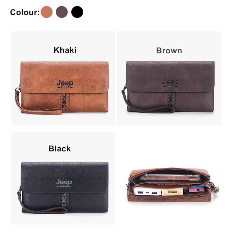 JEEP BULUO, cartera para hombre, bolso de mano, monedero de cuero PU, bolso largo de moda de estilo empresarial para hombre, bolsos para tarjetas, bolso suave para llaves