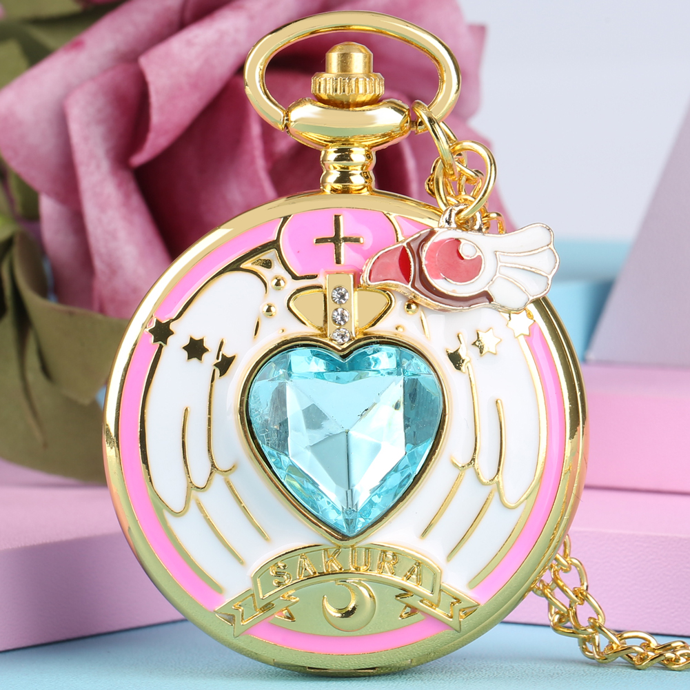 Luxus Gold herzförmige Edelstein Quarz Taschenuhr mit Card Captor Sakura Zubehör Anhänger Halskette Kette Steampunk Frauen Geschenke