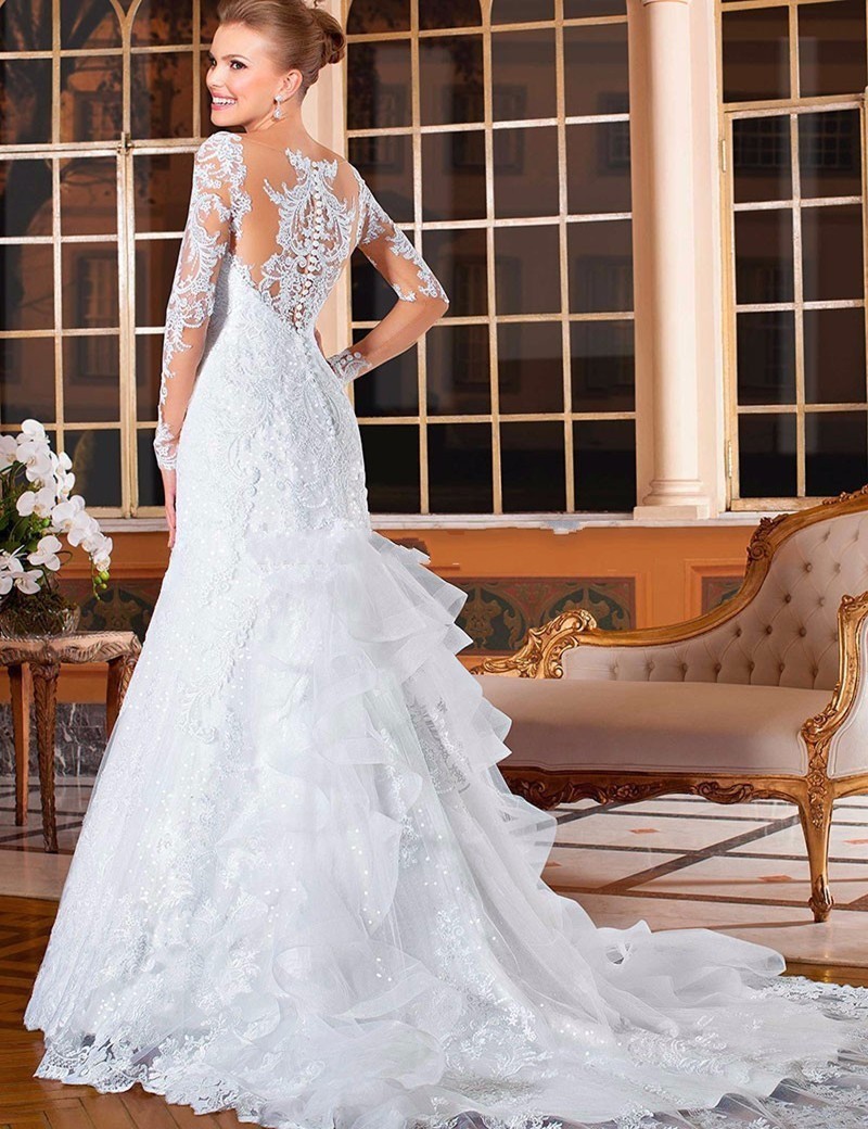Col transparent Illusion robes De Novia 2020 dentelle Appliques à manches longues robe De mariée sirène brésil Mariage robes De mariée