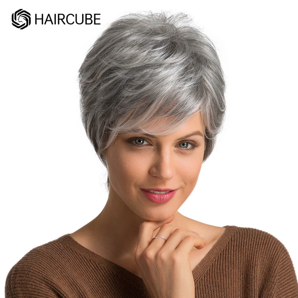 HAIRCUBE Ngắn Xám Tóc Tóc Giả Với Nổ Bạc Tro Pixie Tóc Giả Dành Cho Nữ Tổng Hợp Bộ Tóc Giả Hỗn Hợp Với Tóc Của Con Người Cao nhiệt Độ