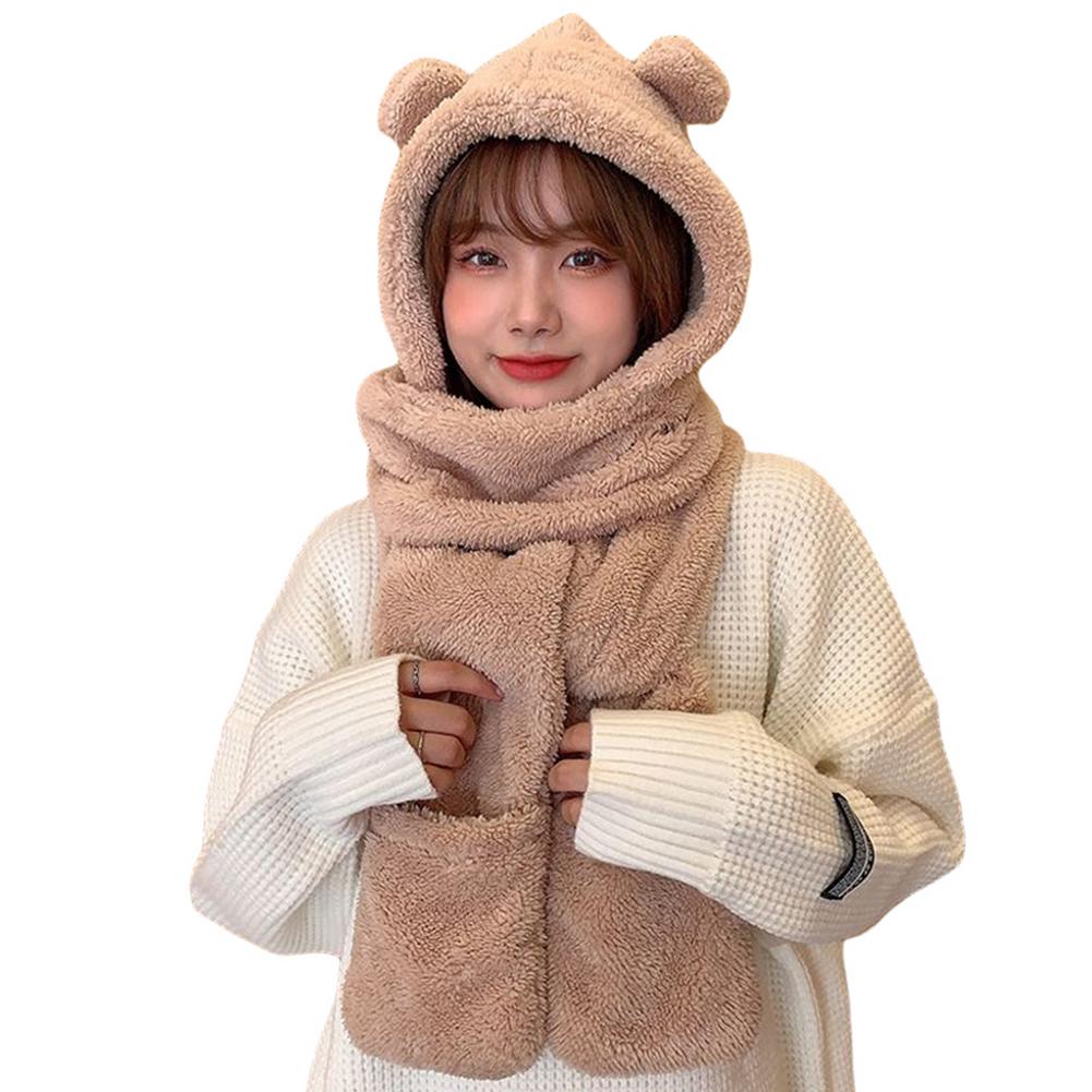 3 In 1 Frauen Fluffy Plüsch Warme Katze Ohren Mit Kapuze Schal Earflap Hut Handschuhe Fäustlinge Cartoon Tier Hauben