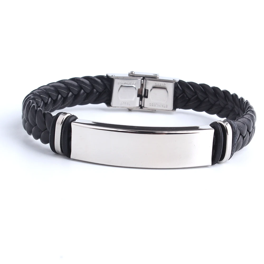 Pulsera de cuero con grabado de nombre y logotipo personalizado, Color negro, pulseras personalizadas de acero inoxidable para mujeres y hombres, pulsera de identificación