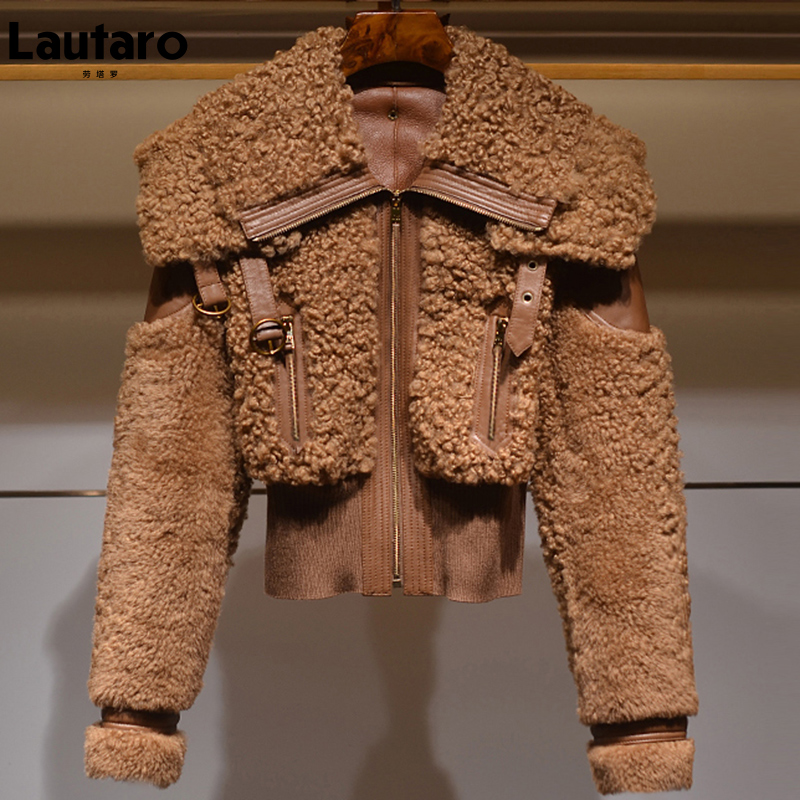 Lautaro Winter Warm Dicken Patchwork Faux Pelzmantel Frauen Lange Sleeve zipper Turndown Kragen Stilvolle Flauschigen Jacke Mode 2021
