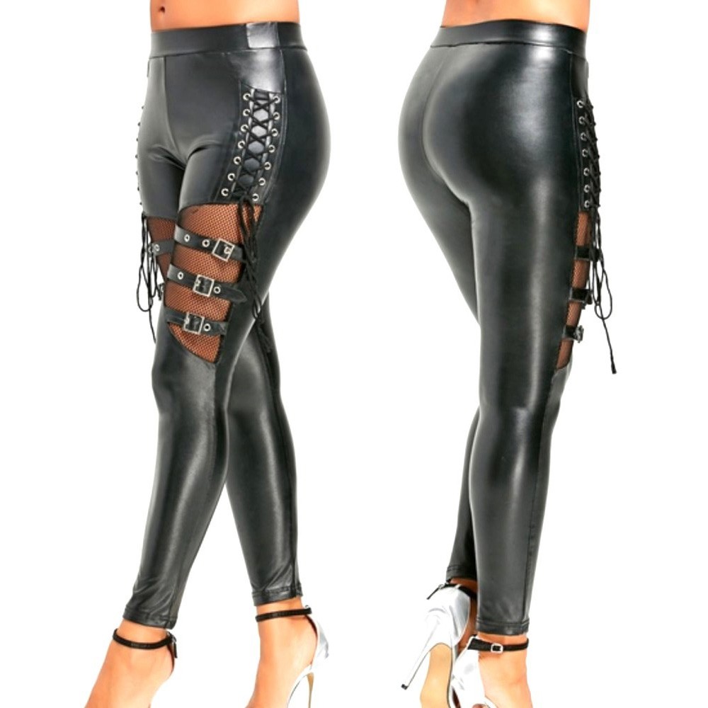 Frauen Hosen PU Leder Dünne Dünne Club Hosen Gothic Punk Leggings Fishnet Trim Hose Hosen Bleistift Hosen Frau Kleidung