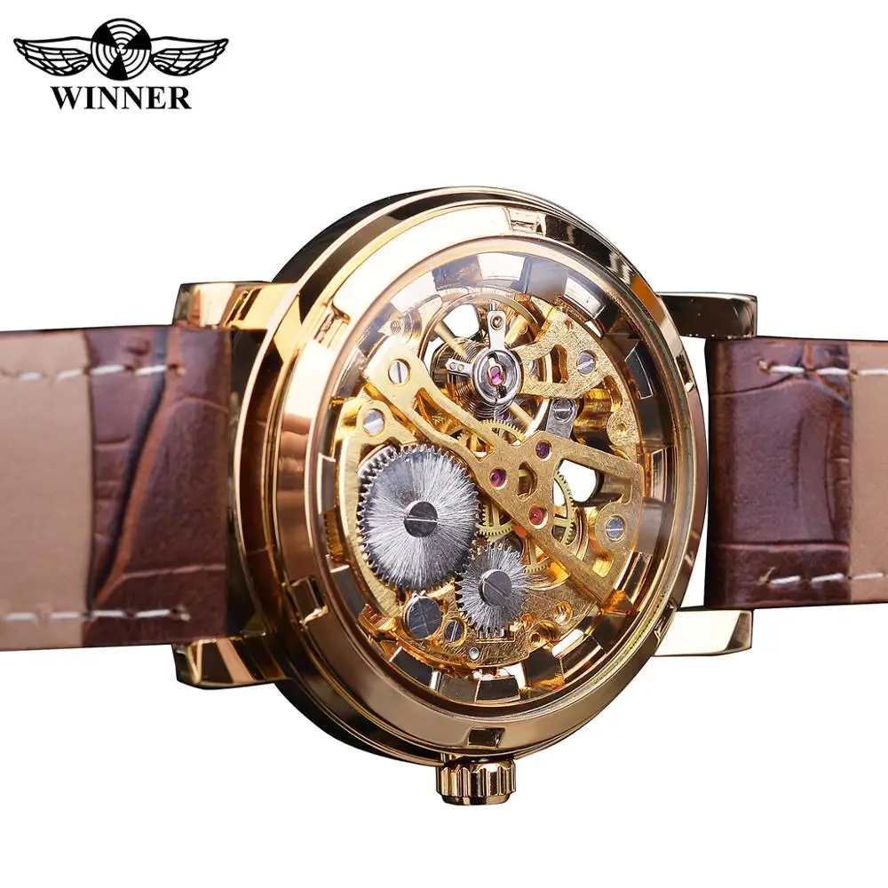 ผู้ชนะโปร่งใสแฟชั่นหรูหรา Casual Design สายหนัง Mens นาฬิกาแบรนด์หรู Mechanical Skeleton นาฬิกา