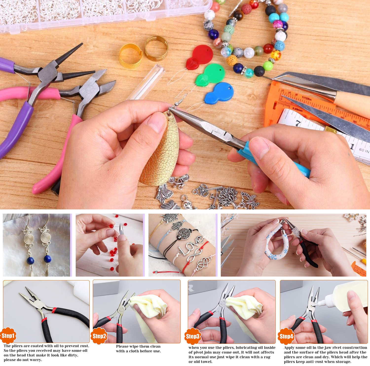 เครื่องประดับทํา DIY ชุดเครื่องมืออุปกรณ์ซ่อมด้วยคีมประดับด้วยลูกปัดเข็มกรรไกร Vernier Caliper ด้ายยืดหยุ่นทองแดงลวด