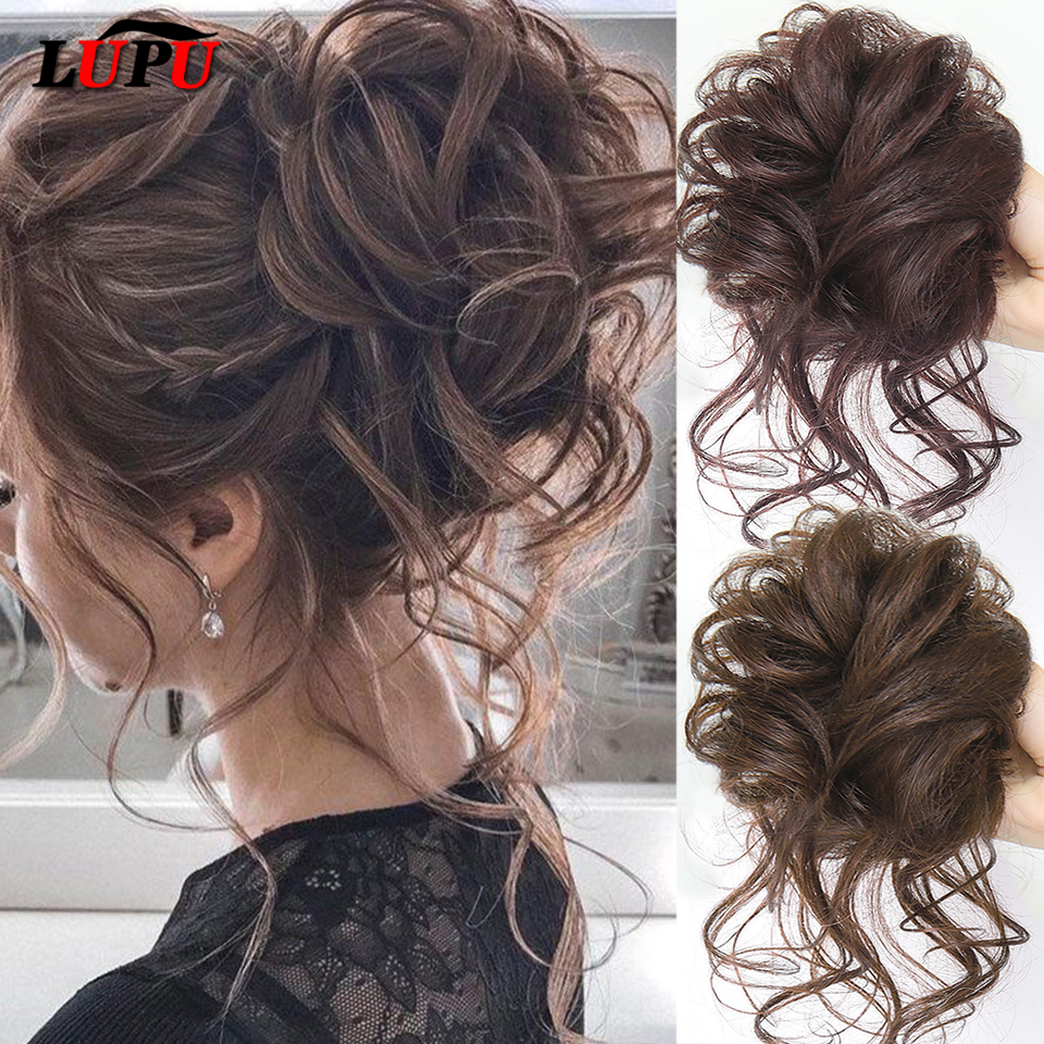 LUPU moño de pelo sintético moño desordenado banda para el cabello rizado elástico Scrunchy piezas de cabello falso para mujeres horquillas negro marrón