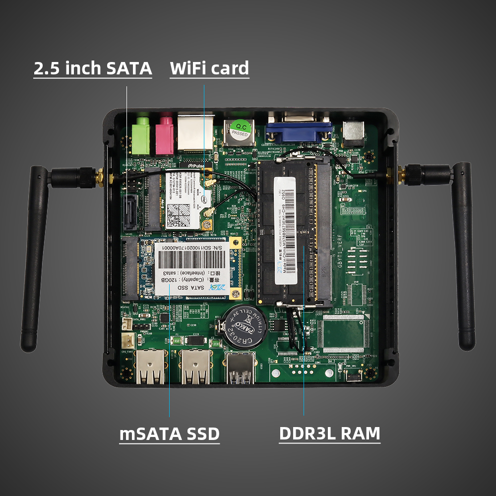 BEBEPC HTPC Lüfterloser Mini-PC Intel Celeron N2830 Windows 10 Linux DDR3L mSATA SSD VGA HD WiFi Gigabit LAN 5xUSB Günstiger PC
