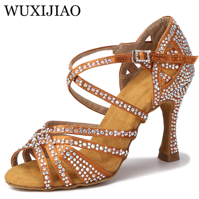 Zapatos de baile latino para mujer, calzado de satén de seda brillante con diamantes de imitación, tacones altos cubanos de 9 cm, zapatos de baile de salsa
