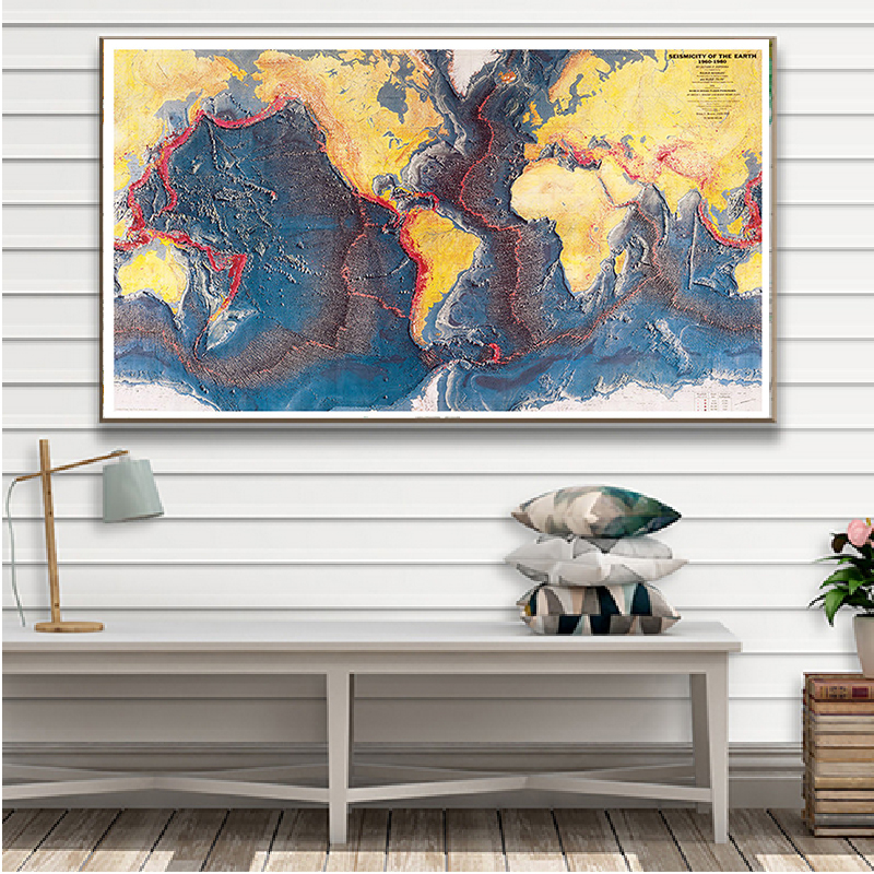 225x150cm 1960-1980 세계지도 지구의 지진 바다 바닥 파노라마, 연구 학교 용품 거실 홈 장식용