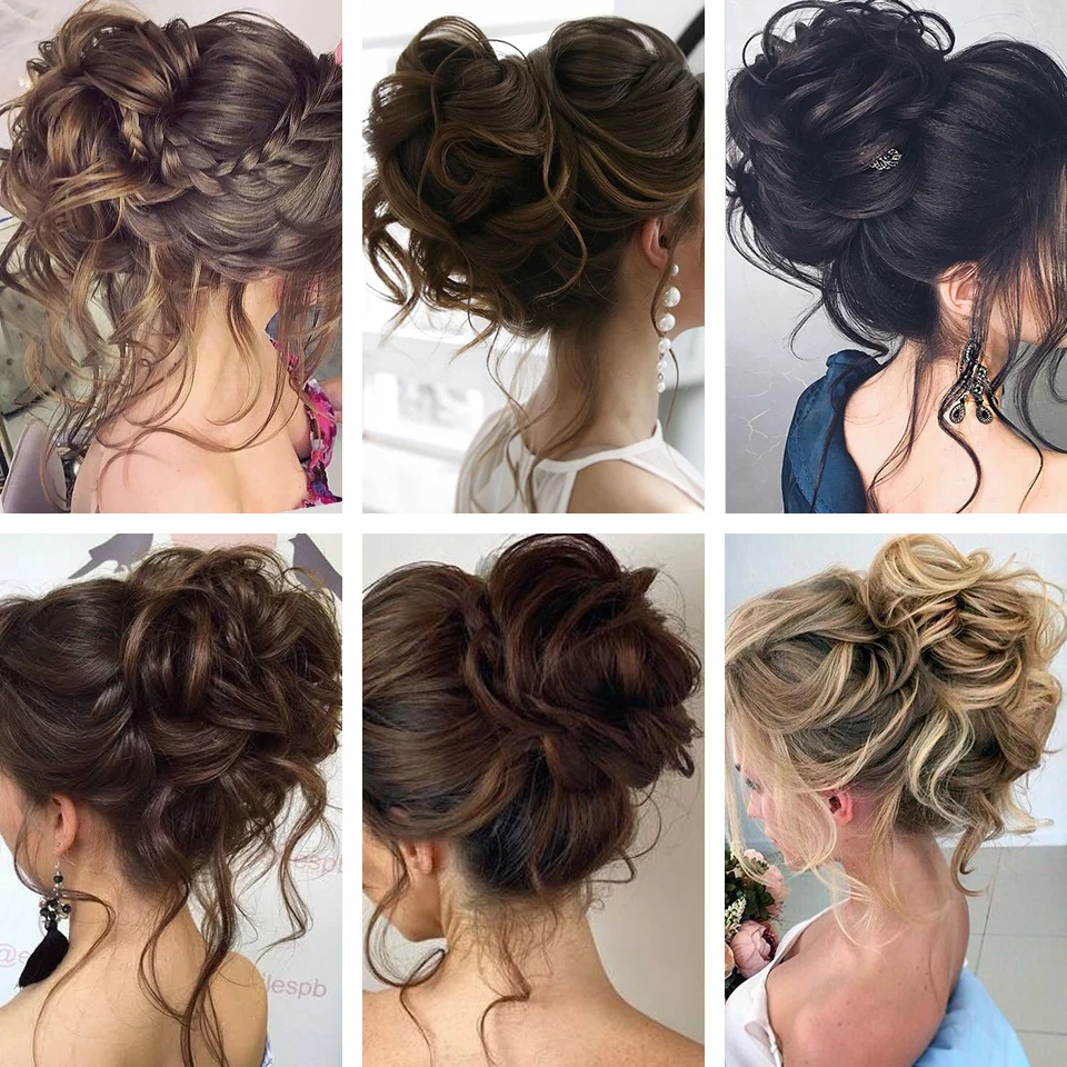 LUPU Tóc Tổng Hợp Bun Chignon Lộn Xộn Xoăn Tóc Thun Scrunchy Giả Tóc Miếng Cho Nữ Kẹp Tóc Nâu Đen