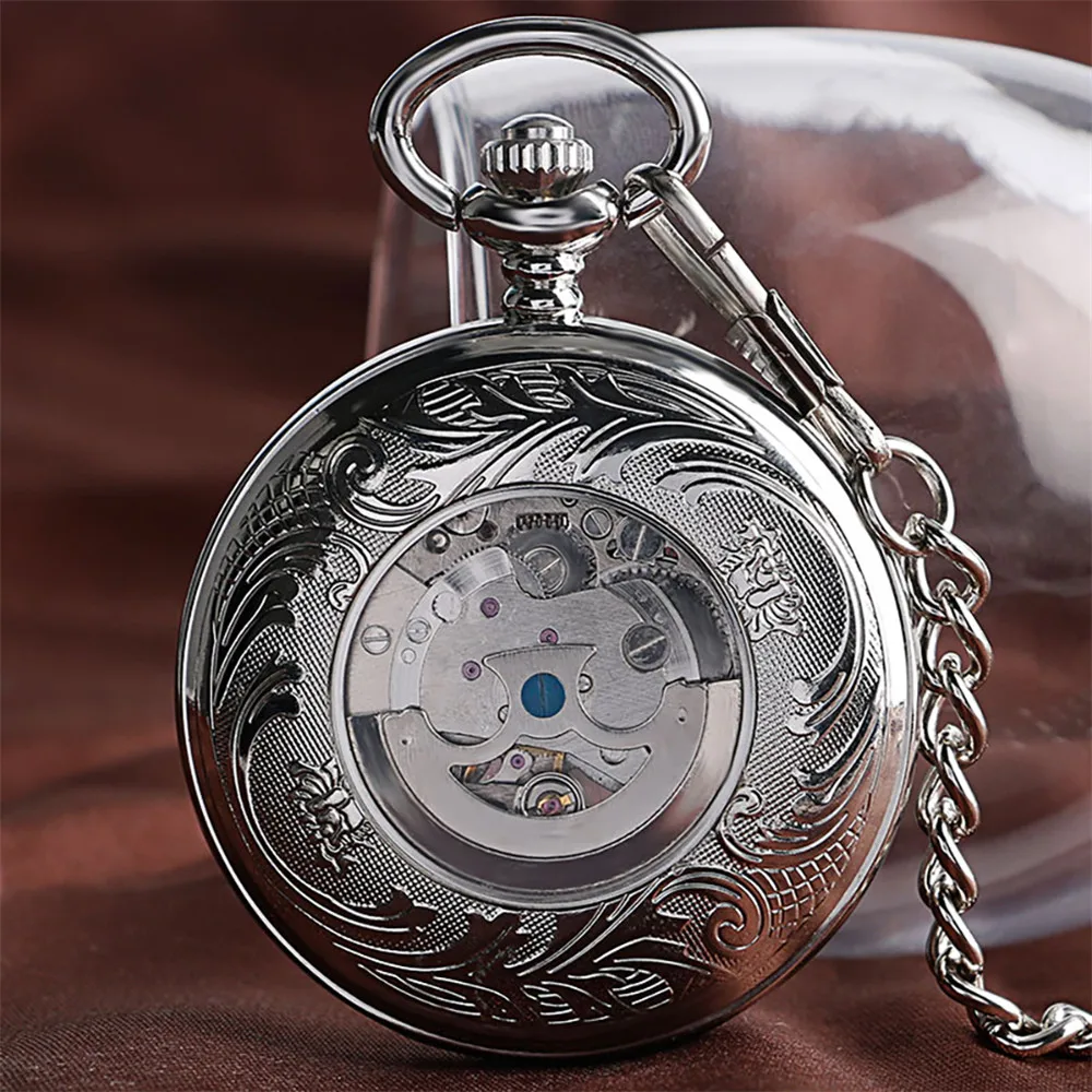 Đánh Bóng Mịn Bạc/Đen/Đồng Tự Cuốn Cơ Đồng Hồ Bỏ Túi Vòng Tròn Rỗng Bao Retro Tự Động Mặt Dây Chuyền Đồng Hồ