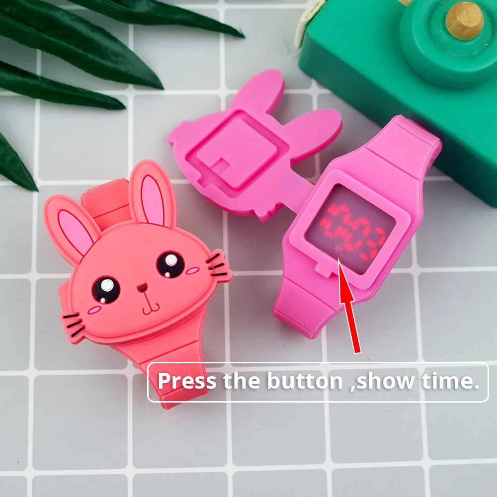 Led dos desenhos animados coelho crianças relógios com braelet adorável coelho eletrônico meninas crianças relógio senhoras flip cover estudantes relógio