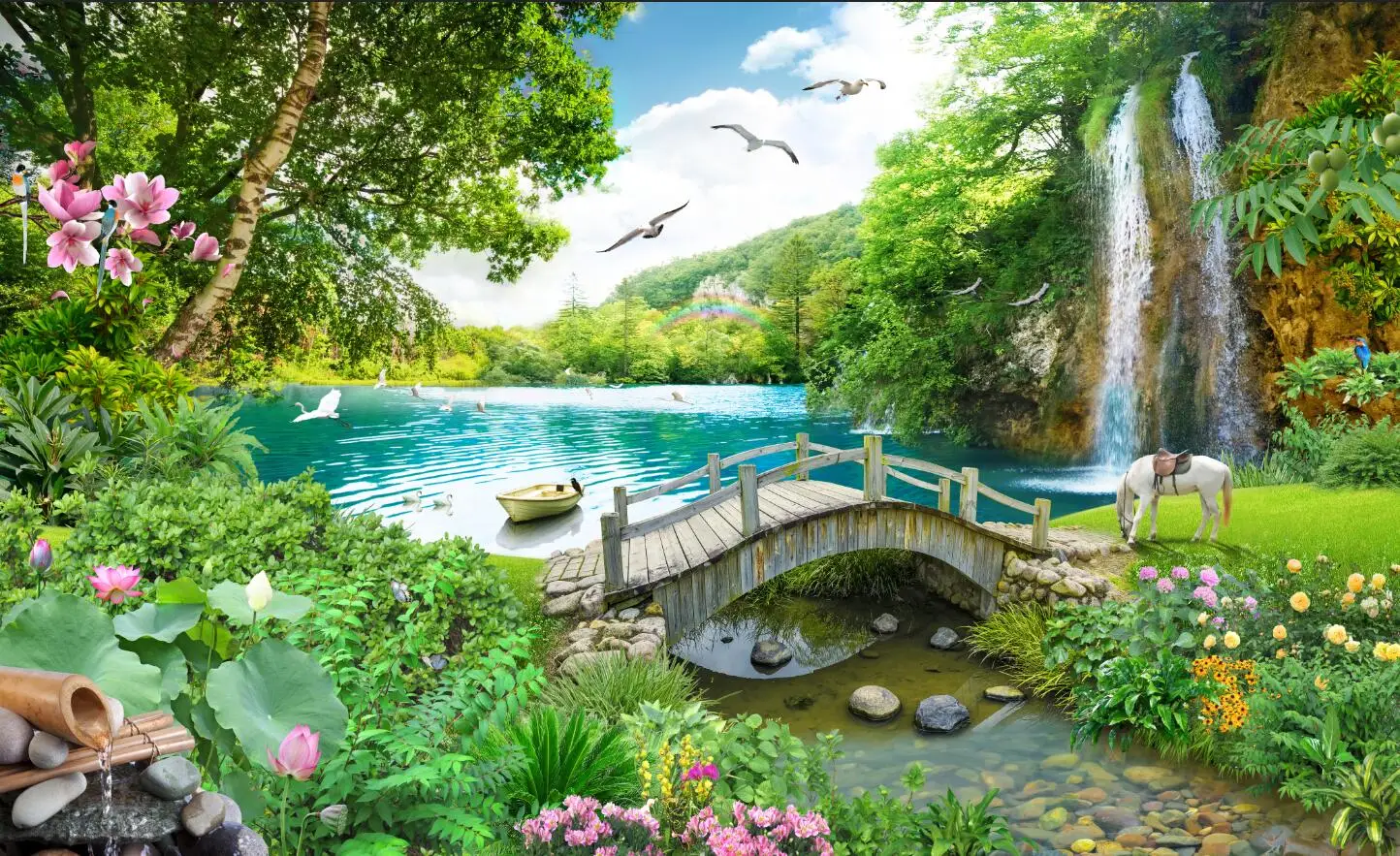 ที่กําหนดเองน้ําตกภาพจิตรกรรมฝาผนังภูมิทัศน์ธรรมชาติป่าไหลน้ําภาพวาดตกแต่งบ้าน Self-กาววัสดุ 3D วอลล์เปเปอร์