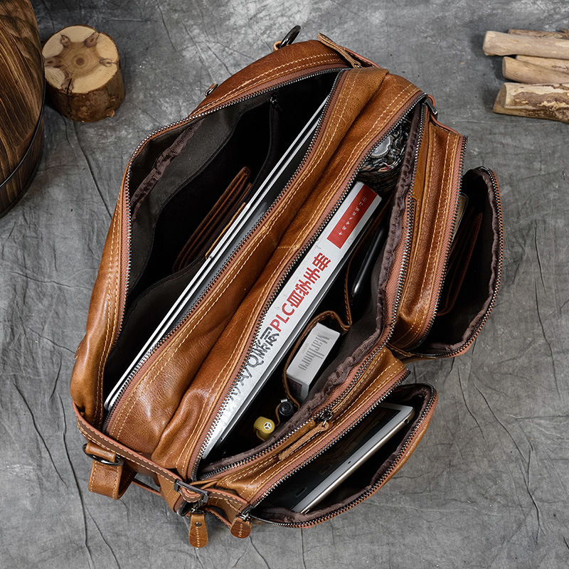 Luufan Echtem Leder Männer Aktentasche 14 "Schwarz Laptop Business-Handtasche Echt Leder Retro Aktentasche Umhängetasche Für Männliche
