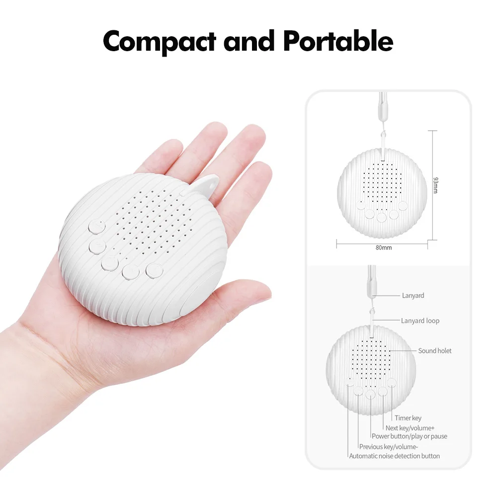 Máquina de sonido de ruido blanco, máquina portátil para dormir para bebés, 10 sonidos relajantes, volumen ajustable, batería recargable integrada, USB