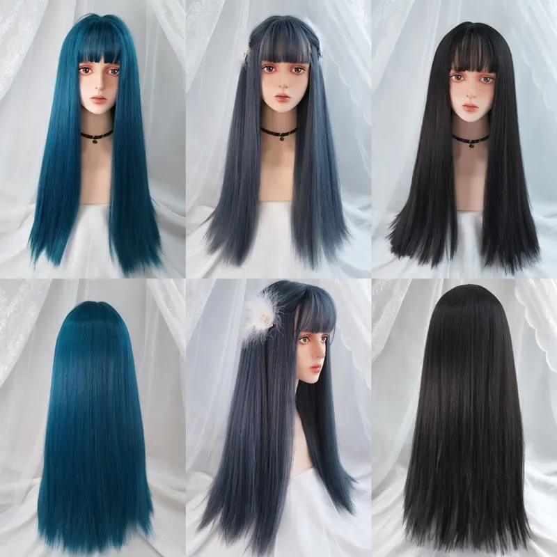 VICWIG-Peluca de Cosplay con flequillo para mujer, pelo lacio sintético, 24 pulgadas, largo, resistente al calor, color rosa