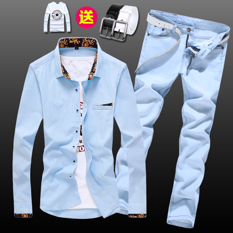 Frühling Herbst herren Langarm Shirt Bleistift Hosen Jeans Slim Fit 2 stücke Set Casual Shirts Hosen für Männliche kleidung