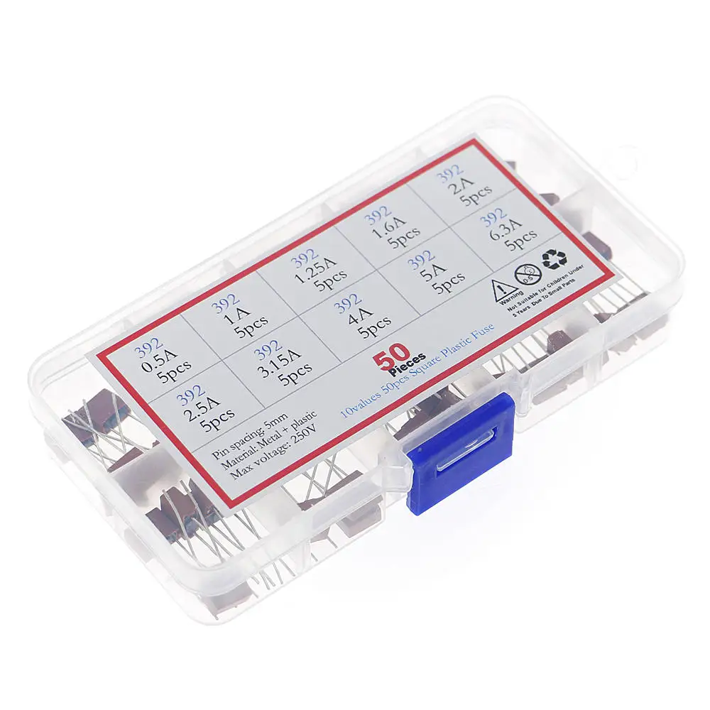 50Pcs/Box 10 Kinds x 5pcs 392 Square Fuse Plastic Electrical Assorted Fuse Mix Set 0.5A 1A 1.25A 1.6A 2A 2.5A 3.15A 4A 5A 6.3A