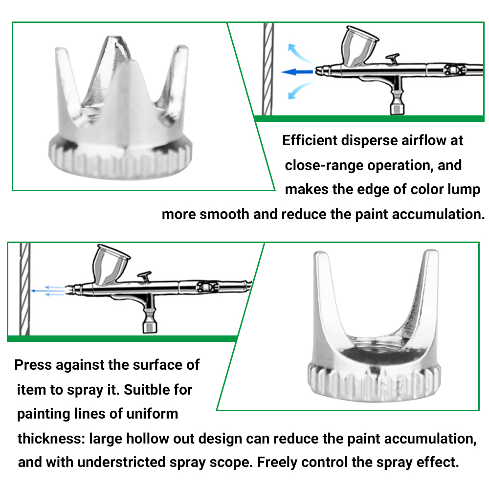 Aerógrafo Capa Cap, Coroa, Tomahawk, oco condutor, Distância Forma, Fan Caps, Fechado, Spatter Cap, Acessório