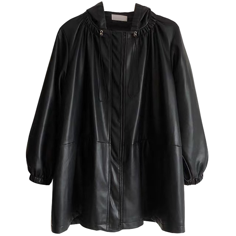 Nerazzurri ฤดูใบไม้ร่วงขนาดใหญ่สีดำหนัง2021สายรัดกระโปรงยาวแขนยาวหลวมนุ่ม Faux หนังแจ็คเก็ตผู้หญิง