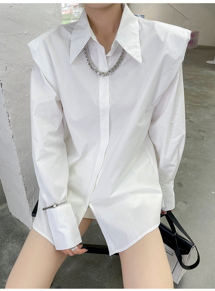 Ifhobi Wanita Chic Kerah Longgar Warna Solid Bantalan Bahu Kemeja Putih Busana Korea Musim Semi Musim Gugur Blus Antik