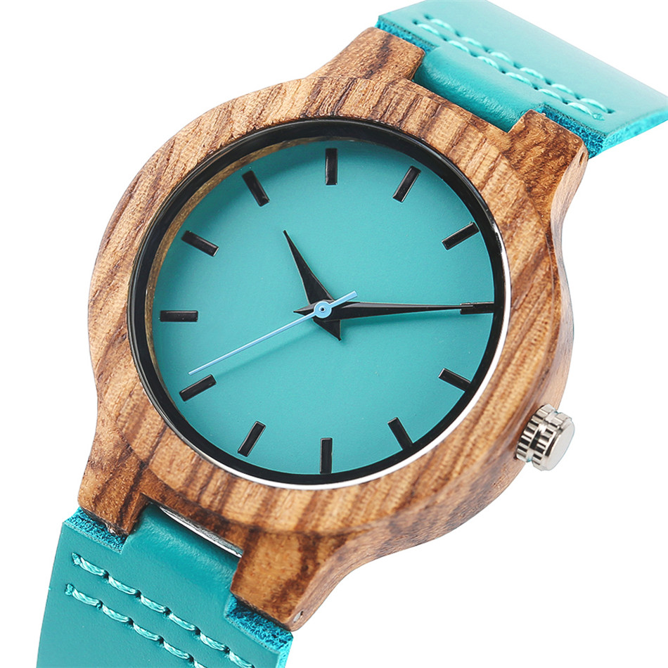 นาฬิกาควอทซ์หนังแท้สีฟ้าที่ไม่ซ้ำใครนาฬิกา zebrawood แบบเรียบง่ายแฟชั่นสำหรับผู้หญิงนาฬิกาข้อมือคู่ของขวัญครบรอบ