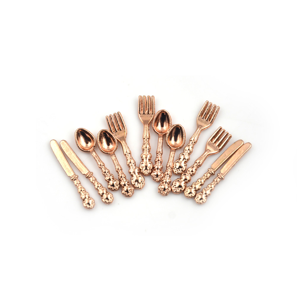 12 Chiếc 1:12 Mini Vintage Nhà Búp Bê Lắp Ghép Mô Hình Thu Nhỏ Bộ Đồ Ăn Dao Kéo Kim Loại Vàng Bạc Dao Muỗng Nĩa Thực Phẩm Nhà Bếp Đồ Gỗ Đồ Chơi