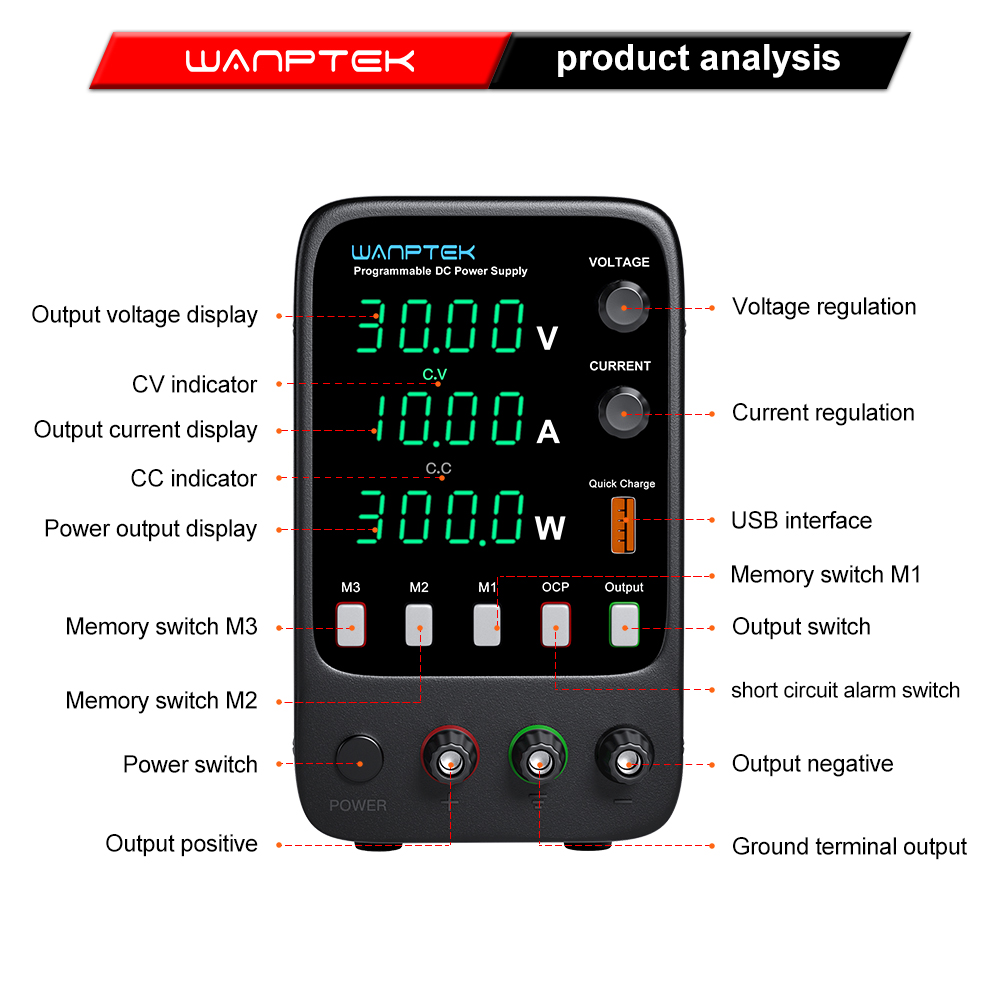 Fuente de alimentación de laboratorio Wanptek 30V 5A 30V 10A 60V 5A 120V 3A Fuente de alimentación CC de banco ajustable