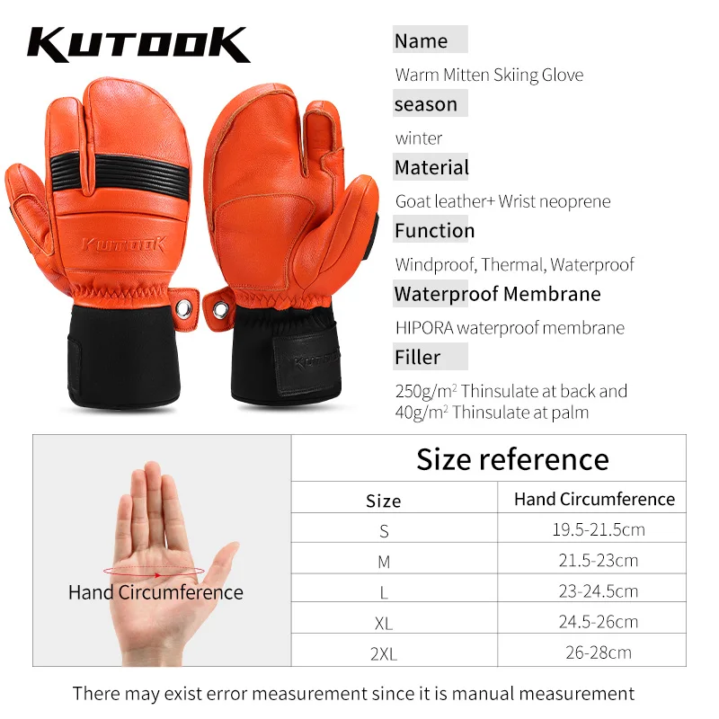 KUTOOK 冬スキー手袋防水ヤギ皮レザースノーボードスノーモービル手袋暖かい雪スキーミトン防風調節可能な