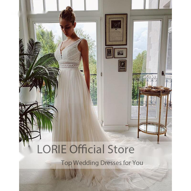 LORIE Bohemian Wedding Dresses V Neck Appliques Lace Tulle Ivory Elegant Customized Gowns A-Line Bride Boho vestidos de novia