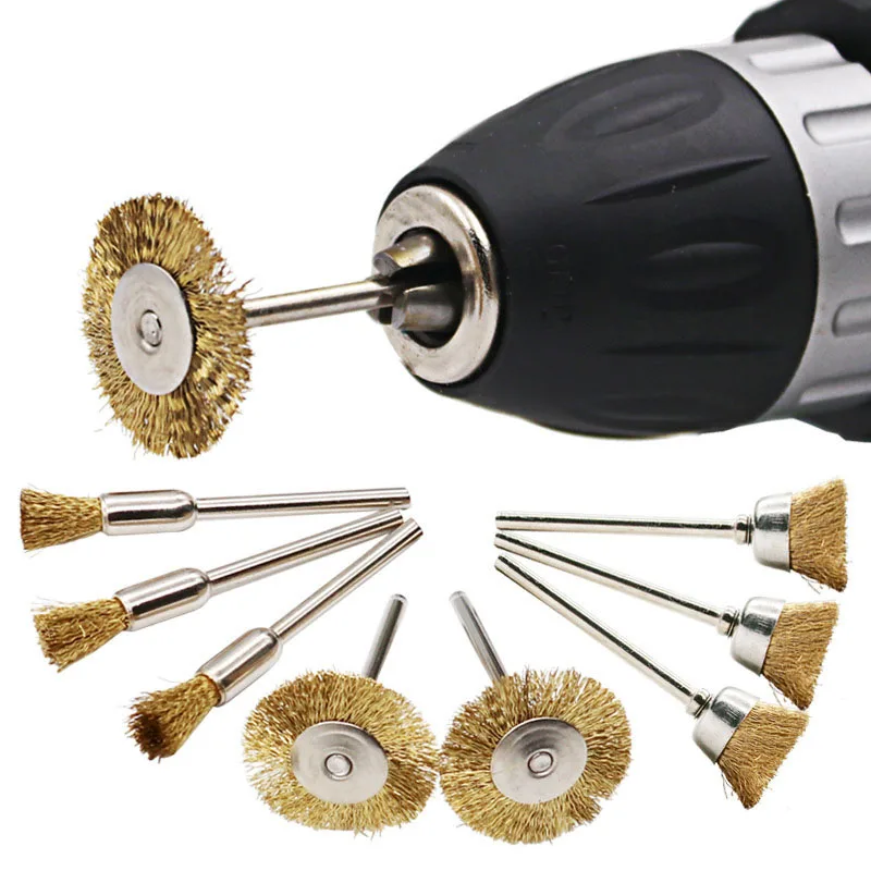 Bộ 3 Dây Đồng Cọ bàn Chải Kim Loại Rỉ Sét Loại Bỏ Bàn Chải Đánh Bóng Bàn Chải Dremel Rotary Máy Xay Dụng Cụ 3mm Tay Cầm t-Bánh Xe