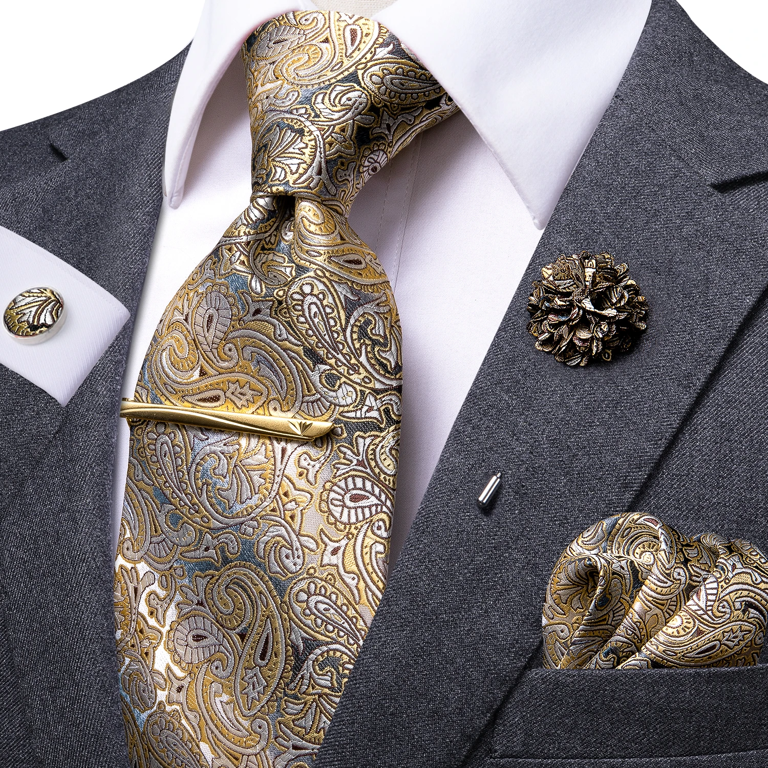 Hi-Tie corbata de Cachemira amarilla y marrón para hombres, corbata de seda para hombres, Clip de corbata, corbata de lujo, conjunto de gemelos de pañuelo, boda Formal, regalo