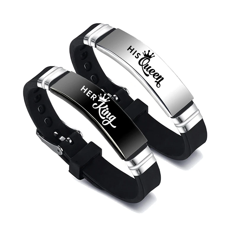 Aço inoxidável ajustável Silicone Strap Bangle, Sua Rainha e Seu Rei Casal Pulseira, Presente Dia dos Namorados, 2 Pçs/set