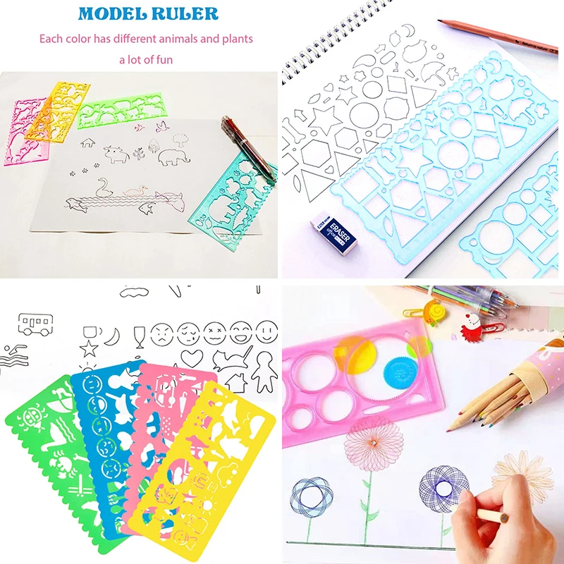 เรขาคณิต Spirograph Drawing ชุดลายฉลุภาพวาดแม่แบบไม้บรรทัดศิลปะหัตถกรรมสร้างสรรค์เด็กเด็กการศึกษาของเล่นเด็กของขวัญ