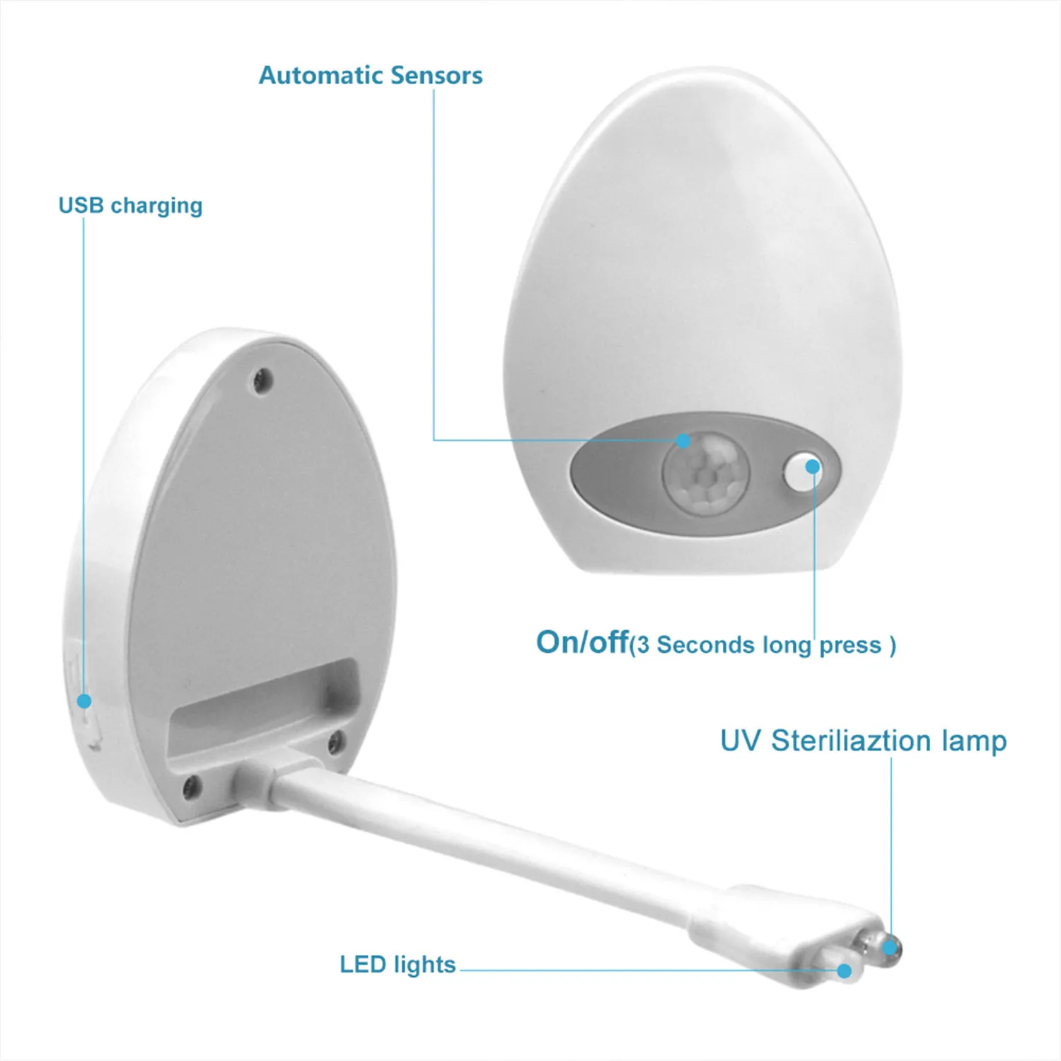 Luz nocturna para inodoro con Sensor de movimiento, lámpara de luz nocturna impermeable recargable por USB con función de esterilizador UV, cambio de 16 colores