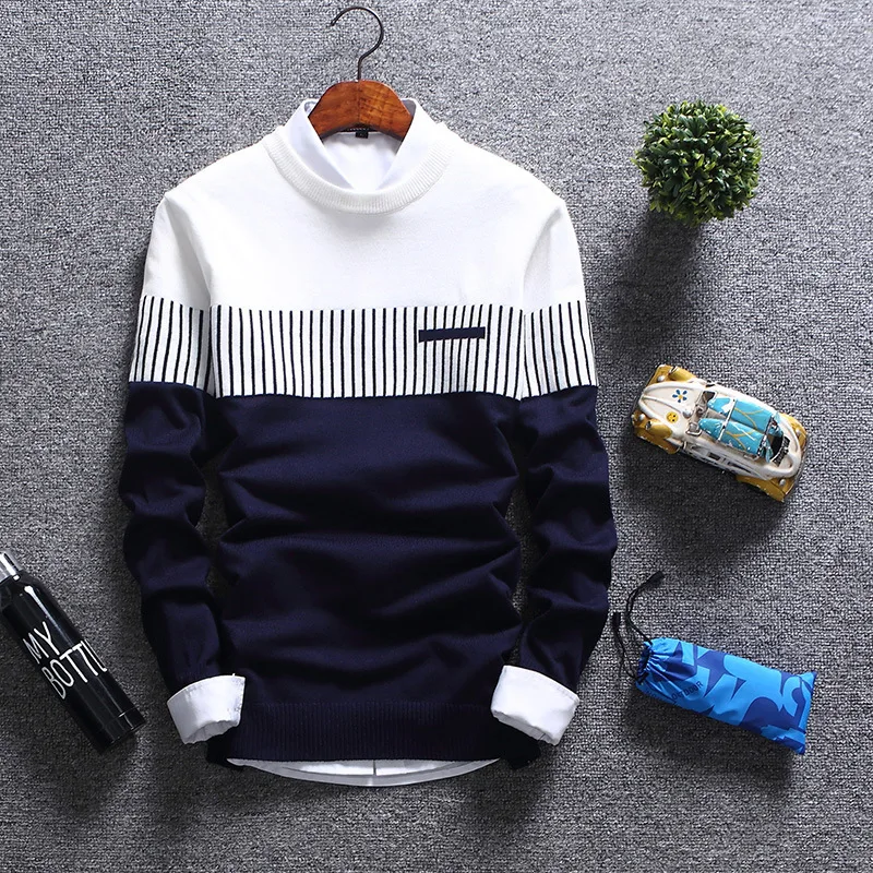 เสื้อสวมหัวสำหรับฤดูใบไม้ร่วงใหม่เสื้อสเวตเตอร์ถักแบบลำลองลายทางผู้ชายแฟชั่นเสื้อถักคอกลมทรงสลิมฟิต2023