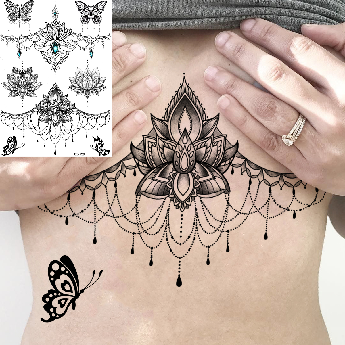 Lotus Henna Mandala หน้าอกรอยสักชั่วคราวสําหรับผู้หญิง Underboob ผู้ใหญ่ผีเสื้อเต่าสิงโตปลอม Tattoo เซ็กซี่รอยสักกันน้ํา