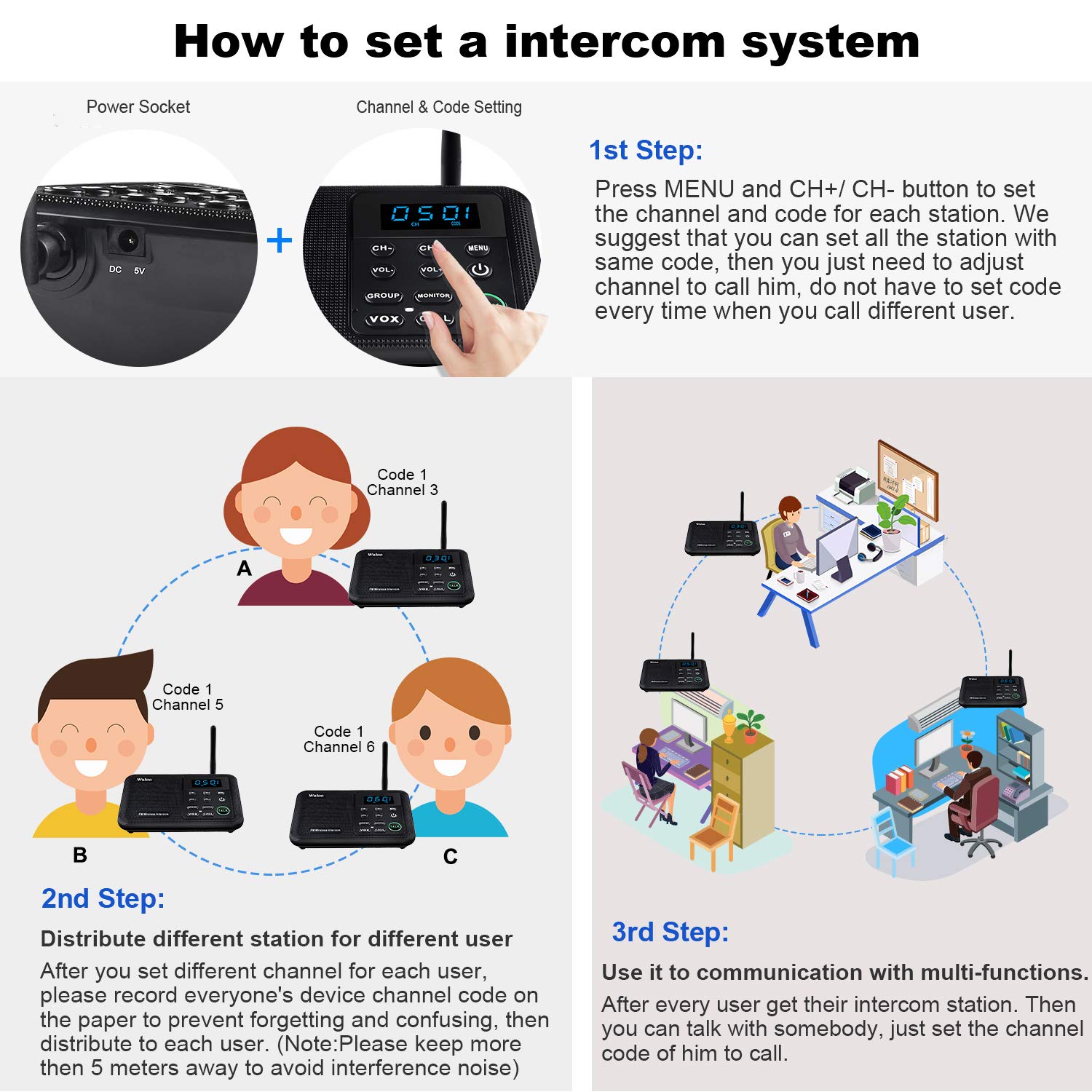 Wuloo 22-Channel CALL ALL FM Wireless Intercoms Home House Business Offices Room to Room Communication System 1 Mile Long Range