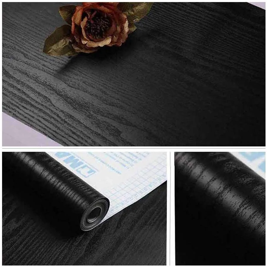 สีดําไม้ Matt สติกเกอร์เฟอร์นิเจอร์โบอิ้งฟิล์ม PVC กระดาษกาวกลับวอลล์เปเปอร์ไวนิลตู้เฟอร์นิเจอร์ไม้เส้นใยวอลล์เปเปอร์