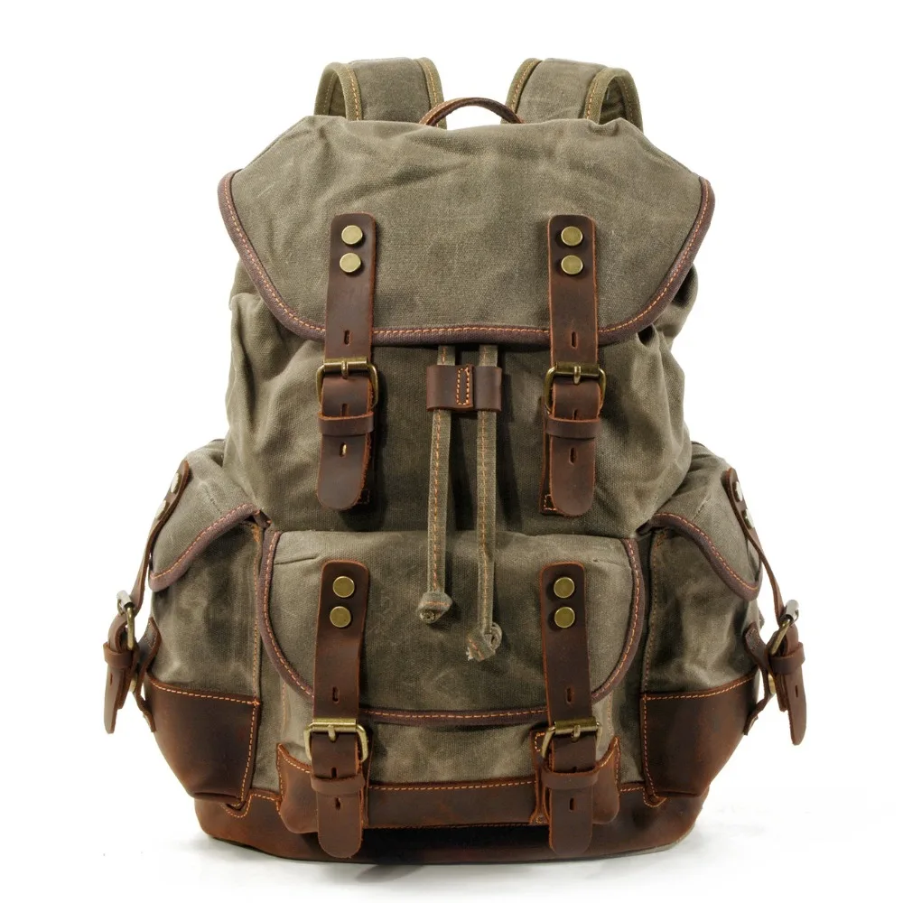 Mochilas de lona Vintage para hombre, mochilas para ordenador portátil, mochilas impermeables, mochila grande de viaje de montañismo encerada, mochila vintage