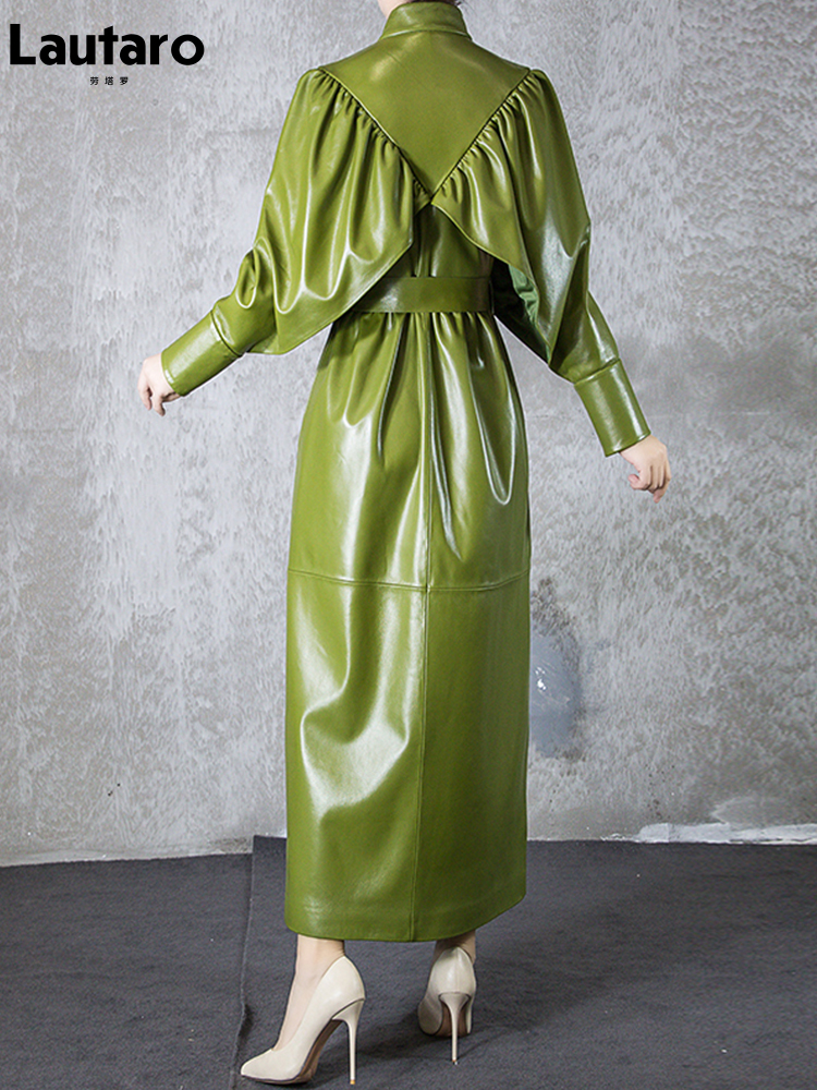 Lautaro Herbst Grün Schwarz Maxi Weiche Faux Leder Graben Mantel für Frauen Designer Lange Stilvolle Elegante Luxus Retro Mode 2022