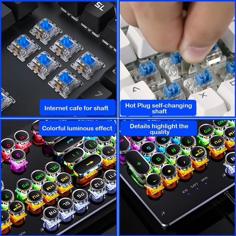 Retro Punk Mechanical Keyboard สีฟ้าสีดําสีน้ําตาลสวิทช์ 104 คีย์ USB คีย์บอร์ด RGB Backlit สําหรับ PC แล็ปท็อปเกม