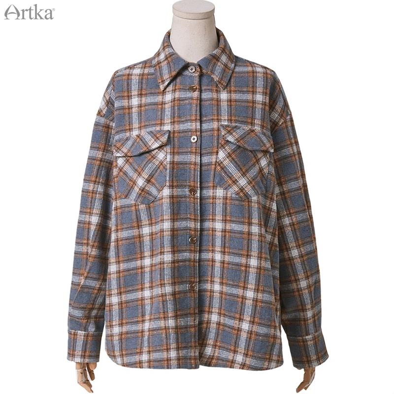 Artka-レディースヴィンテージチェック柄ブラウス,厚手で暖かいウールのカジュアルシャツ,アウターウェア,ルーズコーデュロイ,sa20100q,秋,2020