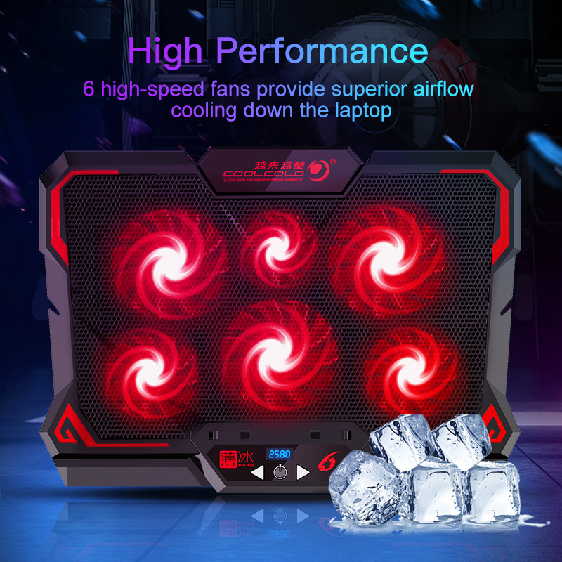 COOLCOLD 17 นิ้วแล็ปท็อป Cooler หกพัดลมหน้าจอ LED สองพอร์ต USB 2600RPM แล็ปท็อป Cooling Pad โน้ตบุ๊คสําหรับแล็ปท็อป