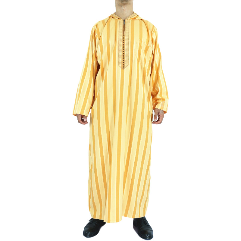 Novo qatar muçulmano marroquino manga comprida com capuz design islâmico algodão e linho listra robe masculino árabe kaftan adoração abaya