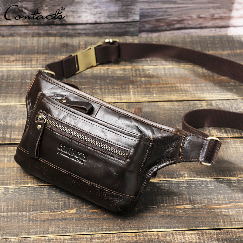 CONTACT'S Echtes Leder Männer Taille Pack Casual Männlichen Fanny Pack Taille Tasche Banana Beutel Handy Reise Umhängetasche Brust Taschen